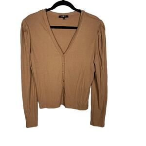 New 7 For All Mankind Womens XLarge Tan Ribbed Puff Sleeve Button Front Knit Top